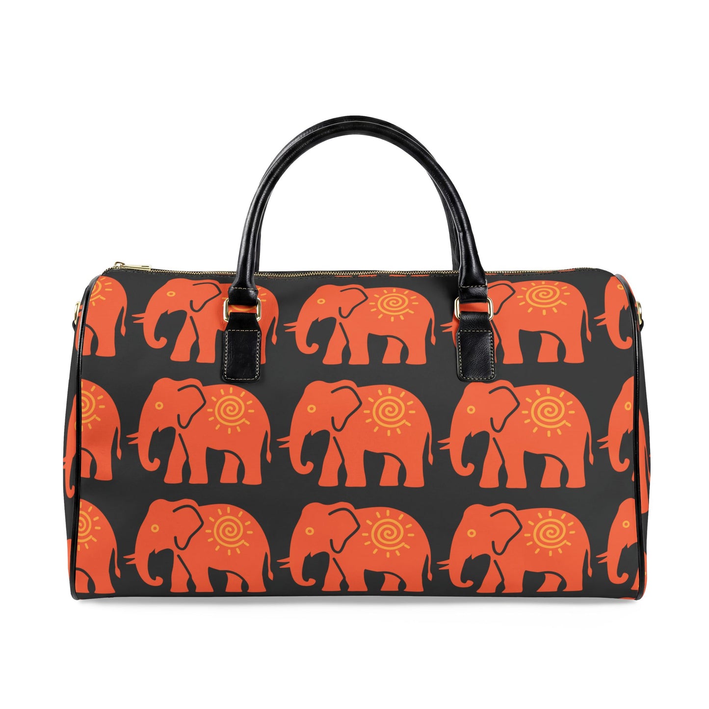 Lucky Elephant Print Travel Bag — Black Boho Faux Leather Weekender