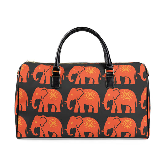 Lucky Elephant Print Travel Bag — Black Boho Faux Leather Weekender