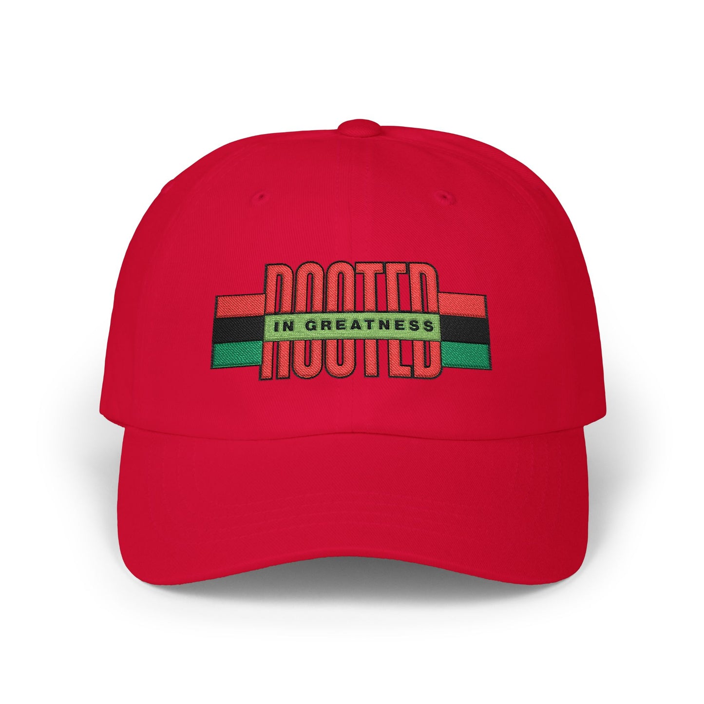 Rooted in Greatness Dad Cap — Pan‑African Flag Embroidered Baseball Hat