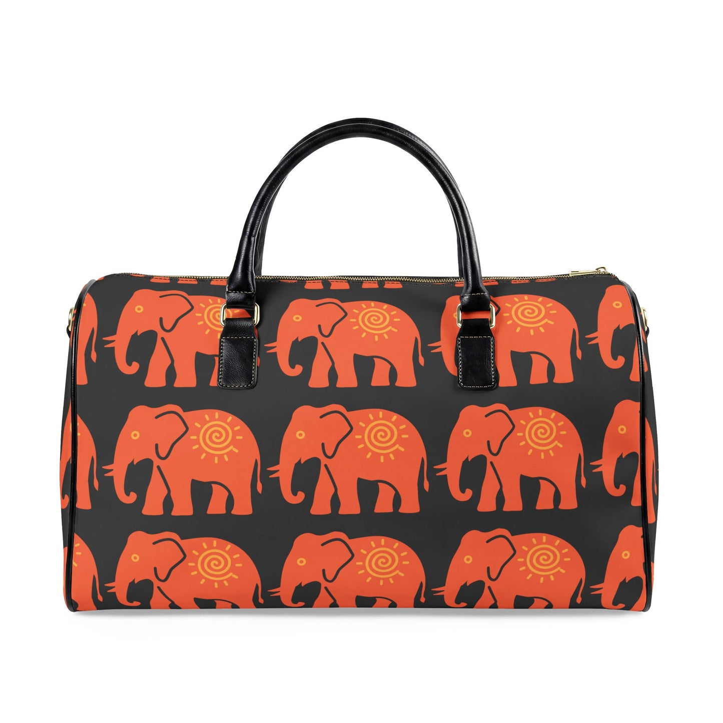 Lucky Elephant Print Travel Bag — Black Boho Faux Leather Weekender