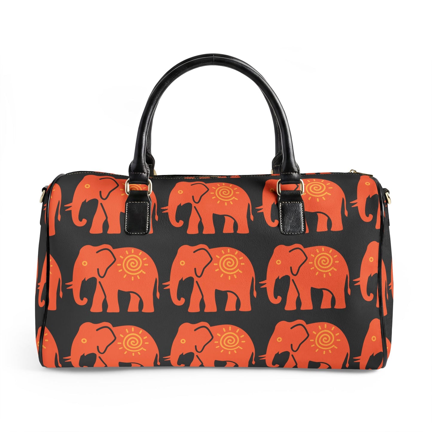 Lucky Elephant Print Travel Bag — Black Boho Faux Leather Weekender