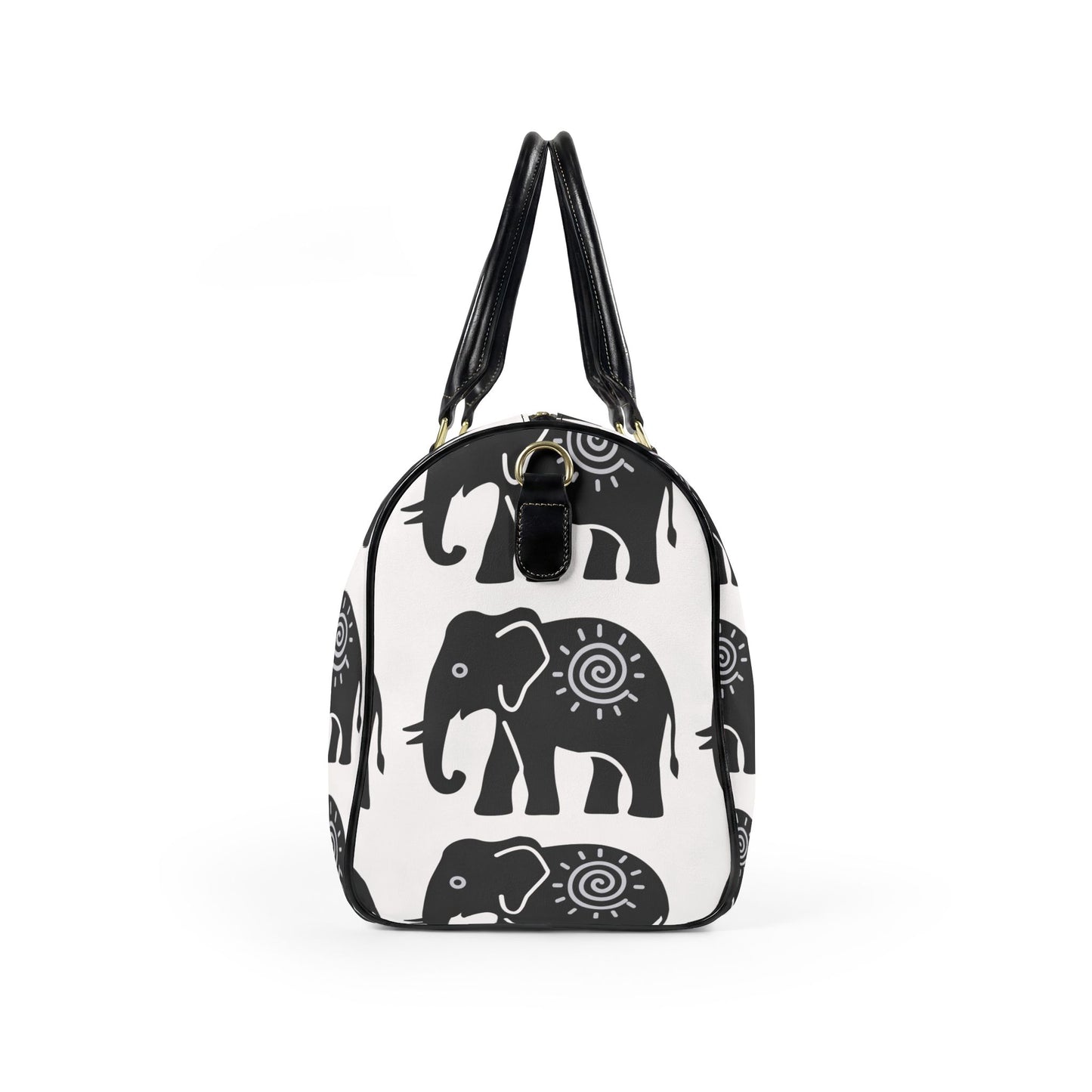 Lucky Elephant Print Travel Bag — White Boho Faux Leather Weekender