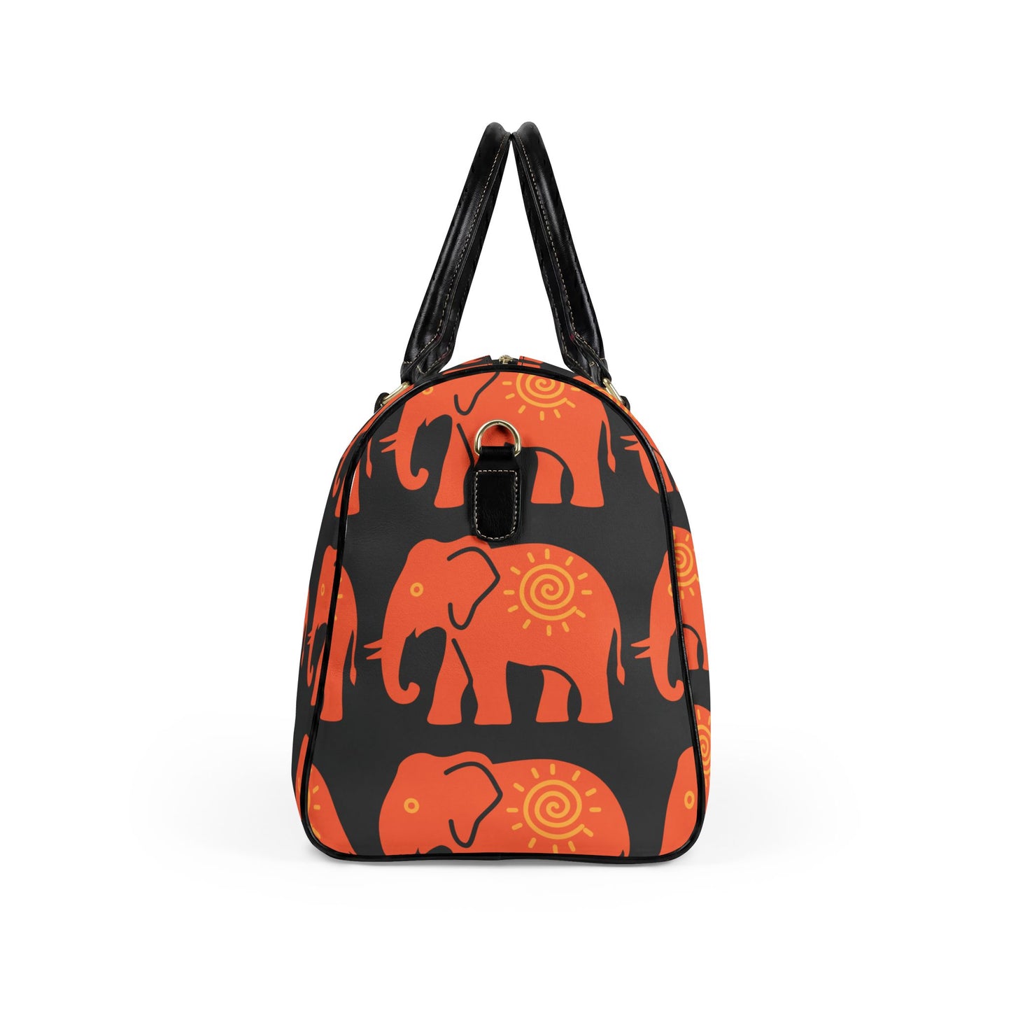 Lucky Elephant Print Travel Bag — Black Boho Faux Leather Weekender
