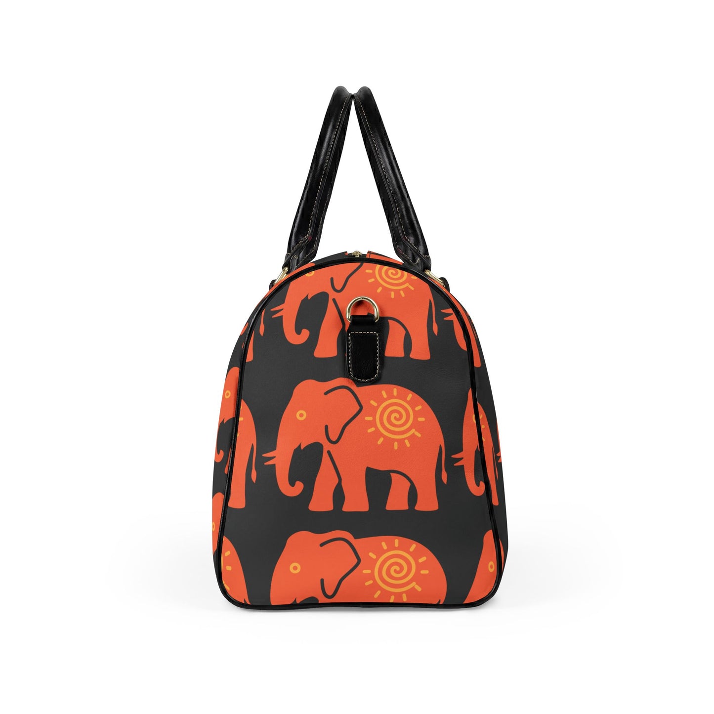 Lucky Elephant Print Travel Bag — Black Boho Faux Leather Weekender