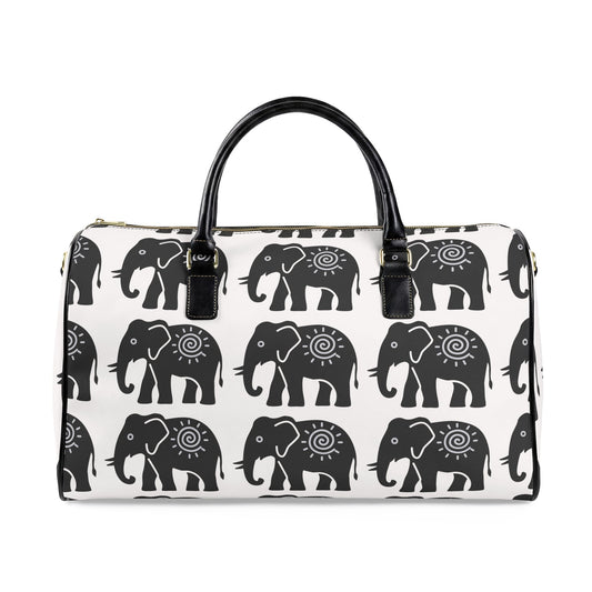 Lucky Elephant Print Travel Bag — White Boho Faux Leather Weekender