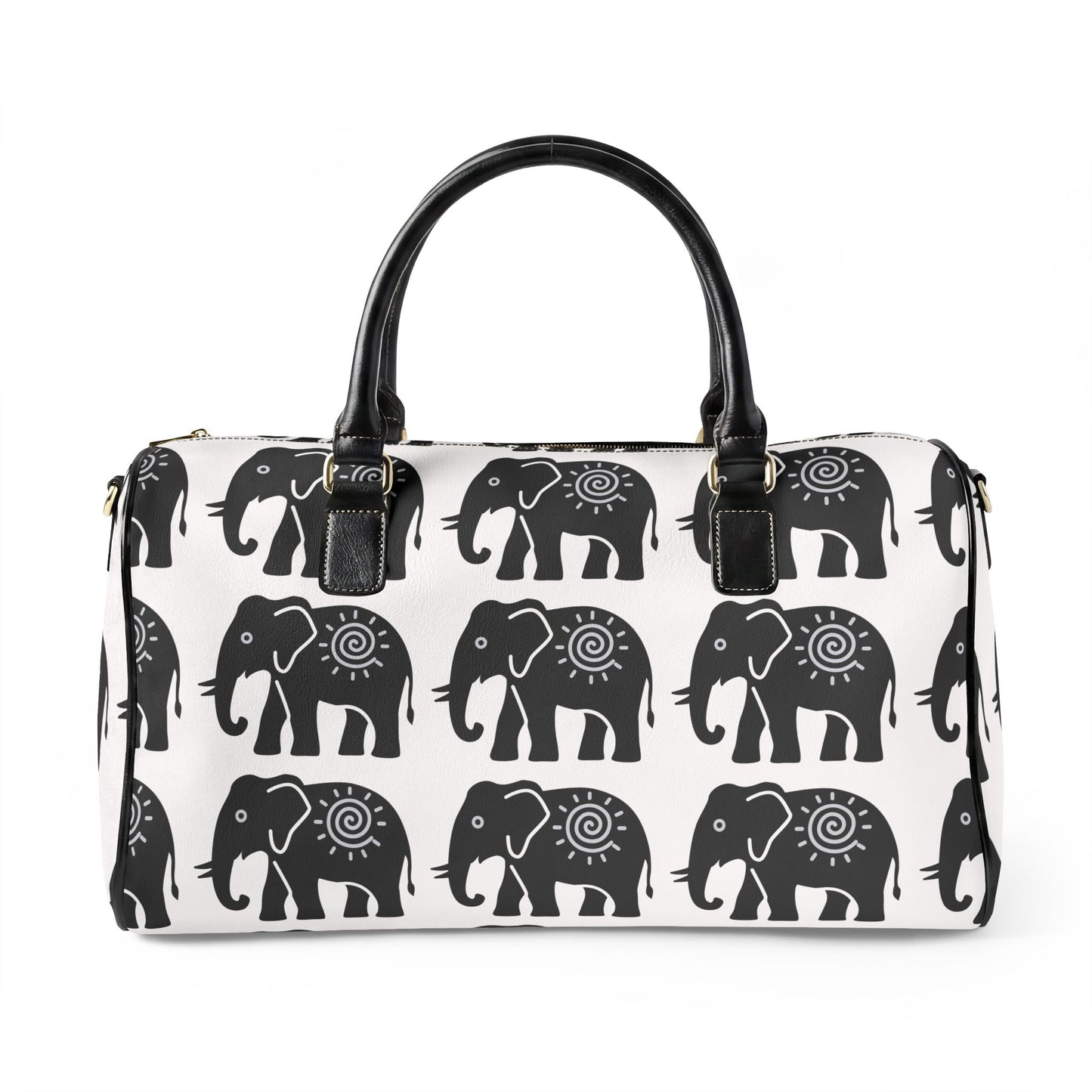 Lucky Elephant Print Travel Bag — White Boho Faux Leather Weekender