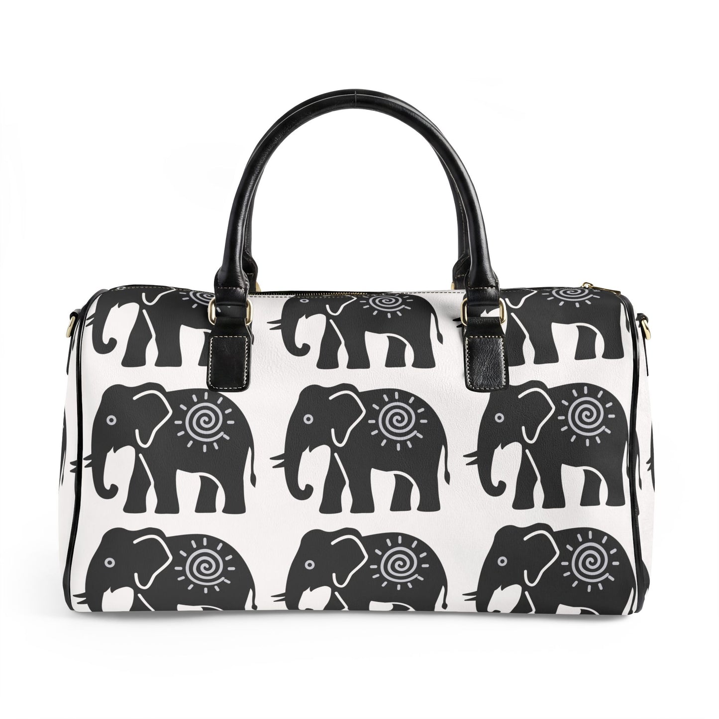 Lucky Elephant Print Travel Bag — White Boho Faux Leather Weekender