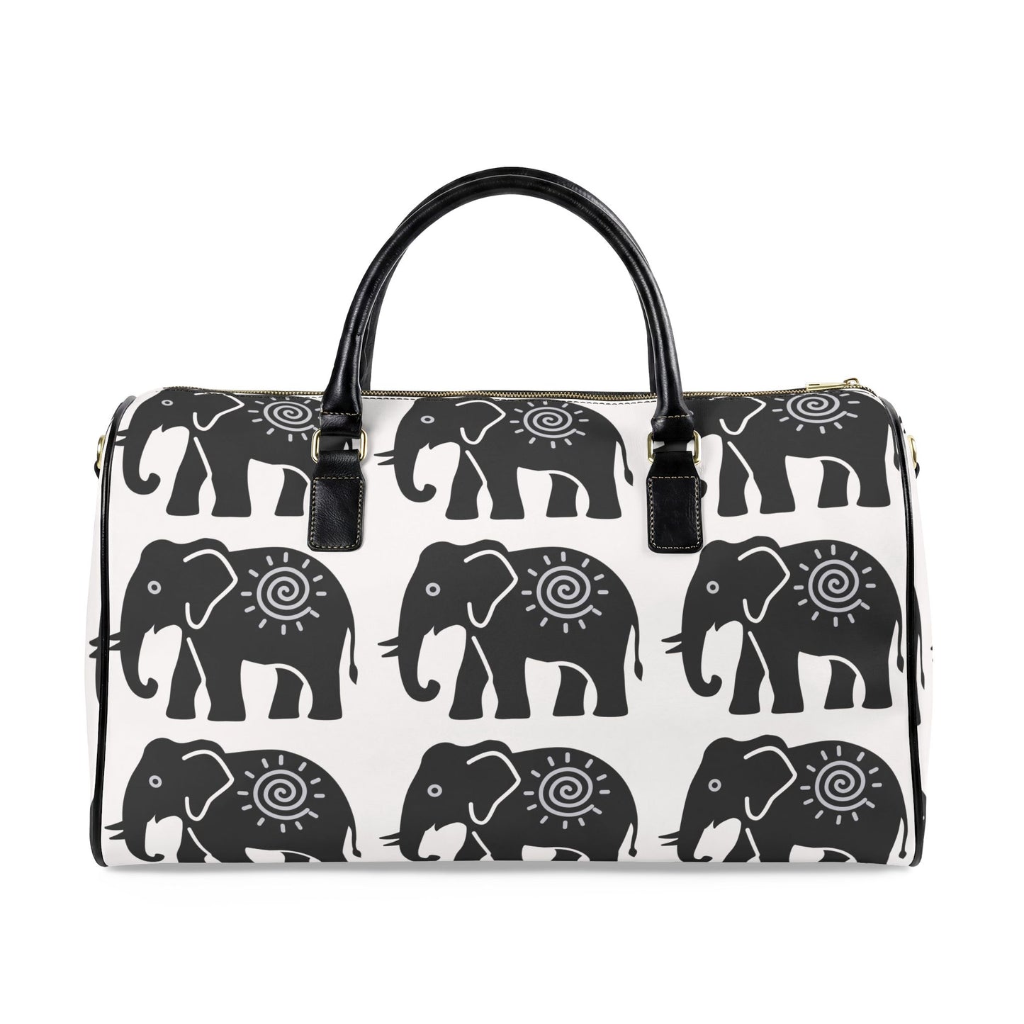 Lucky Elephant Print Travel Bag — White Boho Faux Leather Weekender