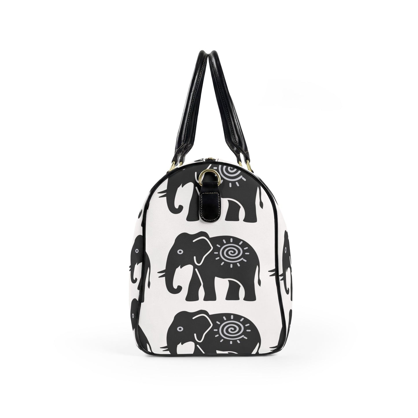 Lucky Elephant Print Travel Bag — White Boho Faux Leather Weekender