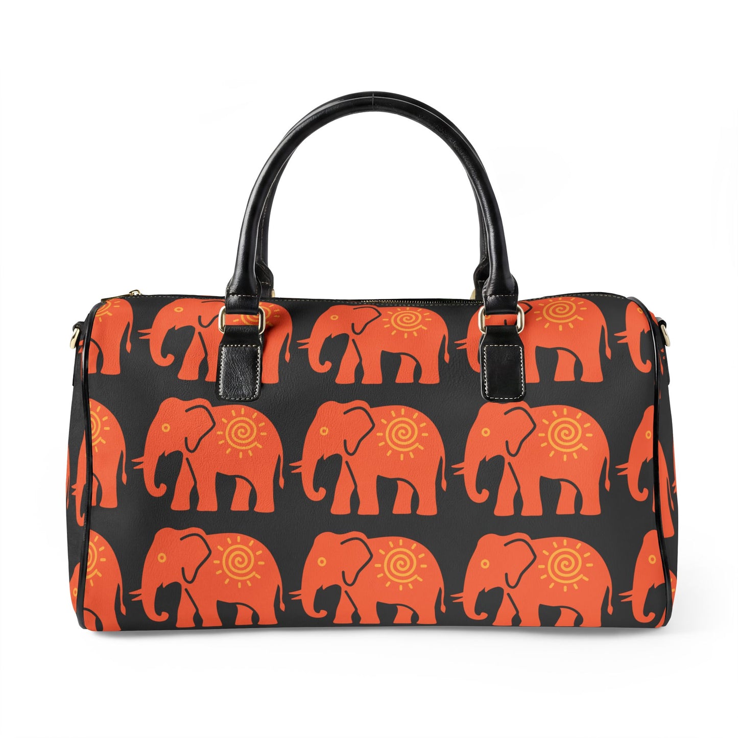 Lucky Elephant Print Travel Bag — Black Boho Faux Leather Weekender