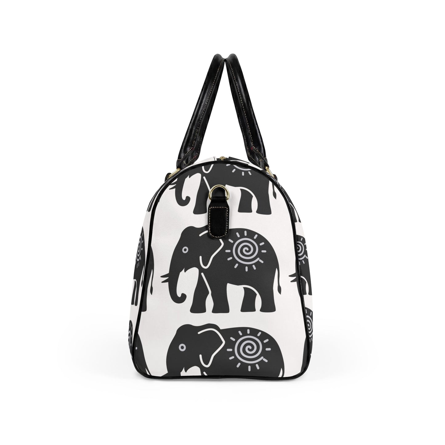 Lucky Elephant Print Travel Bag — White Boho Faux Leather Weekender