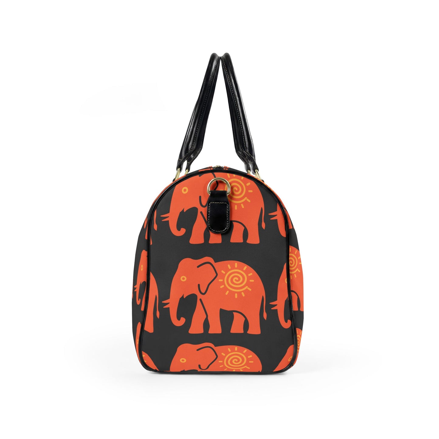 Lucky Elephant Print Travel Bag — Black Boho Faux Leather Weekender
