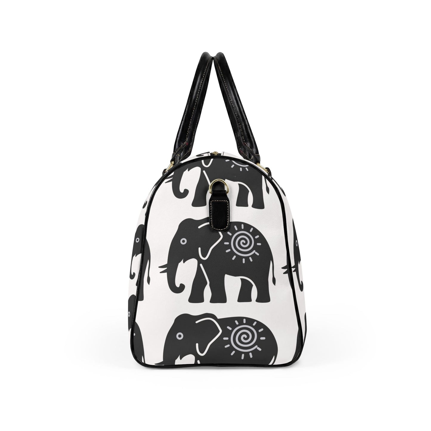 Lucky Elephant Print Travel Bag — White Boho Faux Leather Weekender