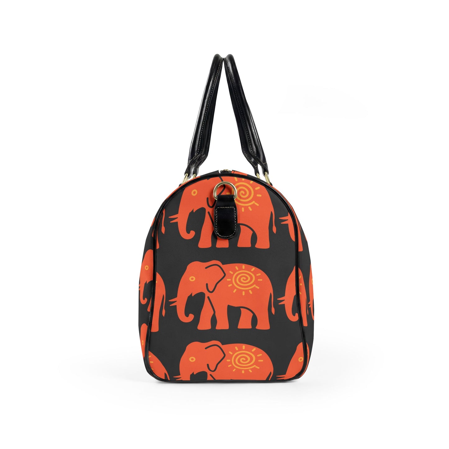 Lucky Elephant Print Travel Bag — Black Boho Faux Leather Weekender